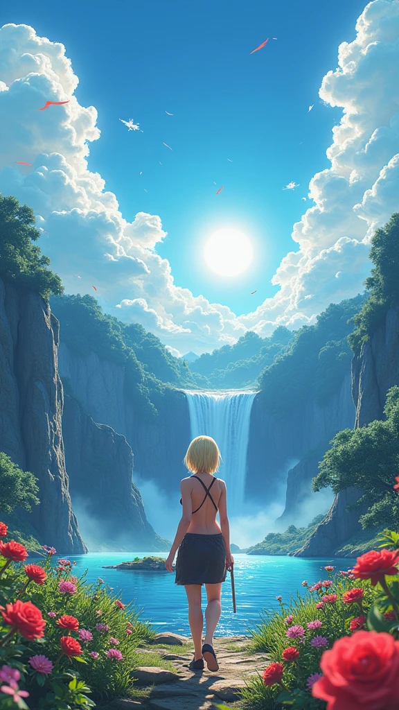 A highly detailed, award-winning, 8K CG wallpaper of Tatsumaki from One Punch Man, set in an outdoor natural landscape with a beautiful blue sky, clouds, sun, waterfall, cliffs, lake, river, flowers, complex and intricate details, dramatic, artistic, photorealistic, with a shallow depth of field and color aberration effects, a trending piece on ArtStation and CGSociety.One person, chest, chest, Shortcuts, Blonde, blue eyes,