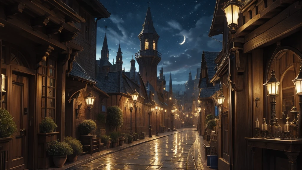 ((masterpiece)),((Highest quality)),((High Detail)),nobody,background, fantasy,Medieval streetscape, candlestick, The door of the house, night