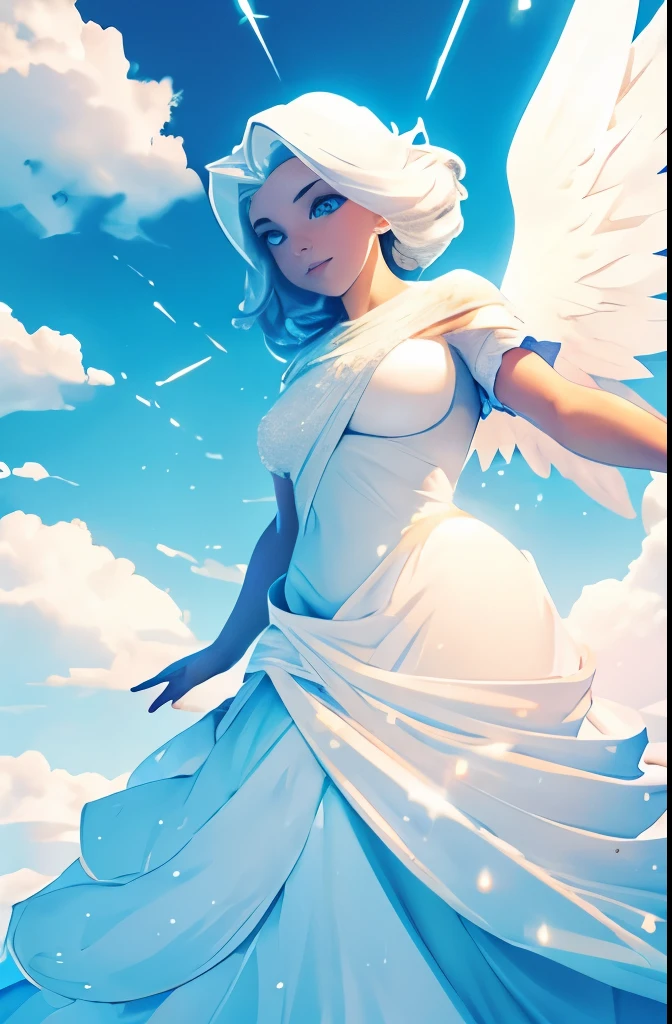 The angel's body glowed with a charming light in the sky