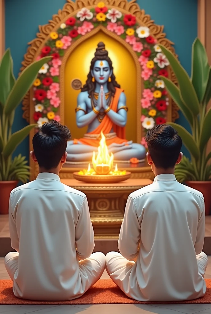 A two young man, both 20 years old, are seated and praying in front of a Shivling adorned with flowers and belpata (green leaves). Behind them, there's a floral board with an image of Lord Shiva. They Both are wearing a white kurta , Both of them have stylish hair and look very cute, enhancing the spiritual or religious ambiance.