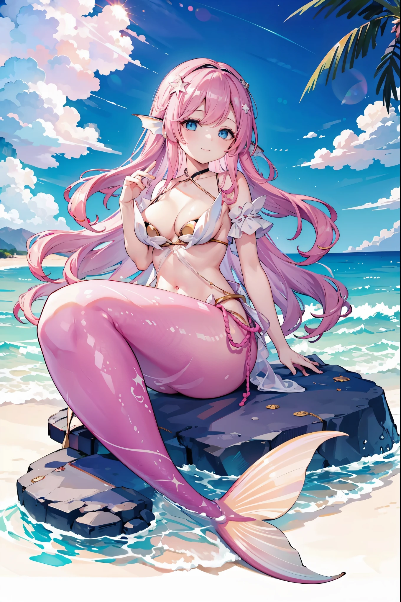 masterpiece, best quality,A girl,Pink Hair,Hair accessories,White Dress,blue eyes,Head fin,Solitary,Large Breasts,Mermaid,粉色的Mermaid尾巴,full-body shot,beach,Sea view,charming face(Kawaii, charming,Soft),Smile,