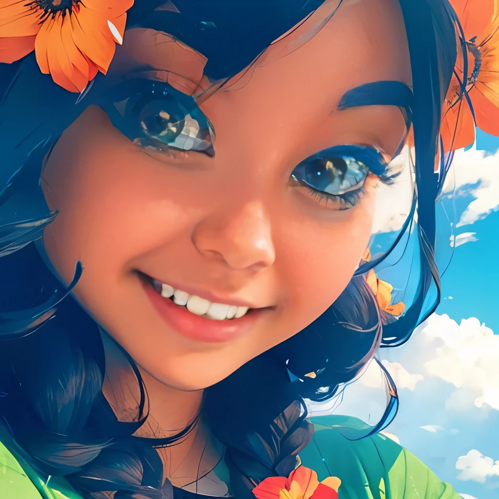 MKSKS, masterpiece, best quality, illustration, close up, straightforward, facial focus, smile, colorful, flowers, green sky, cloud sky, girl with beautiful eyes,