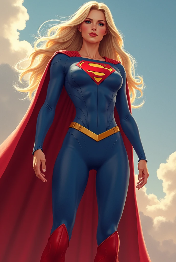 A beautiful woman with long blonde hair wearing the costume of the Kryptonian Kara Zor-El alias Supergirl Suit Blue and red leather jacket red corset with Superman emblem on her chest yellow leather pants red knee-high boots