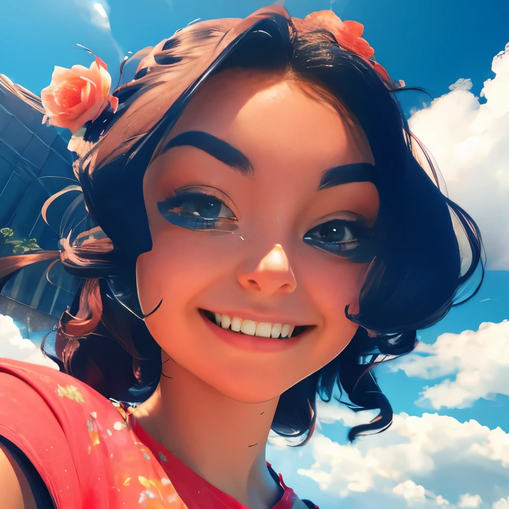 MKSKS, masterpiece, best quality, illustration, close up, straightforward, facial focus, smile, colorful, flowers, green sky, cloud sky, girl with beautiful eyes,