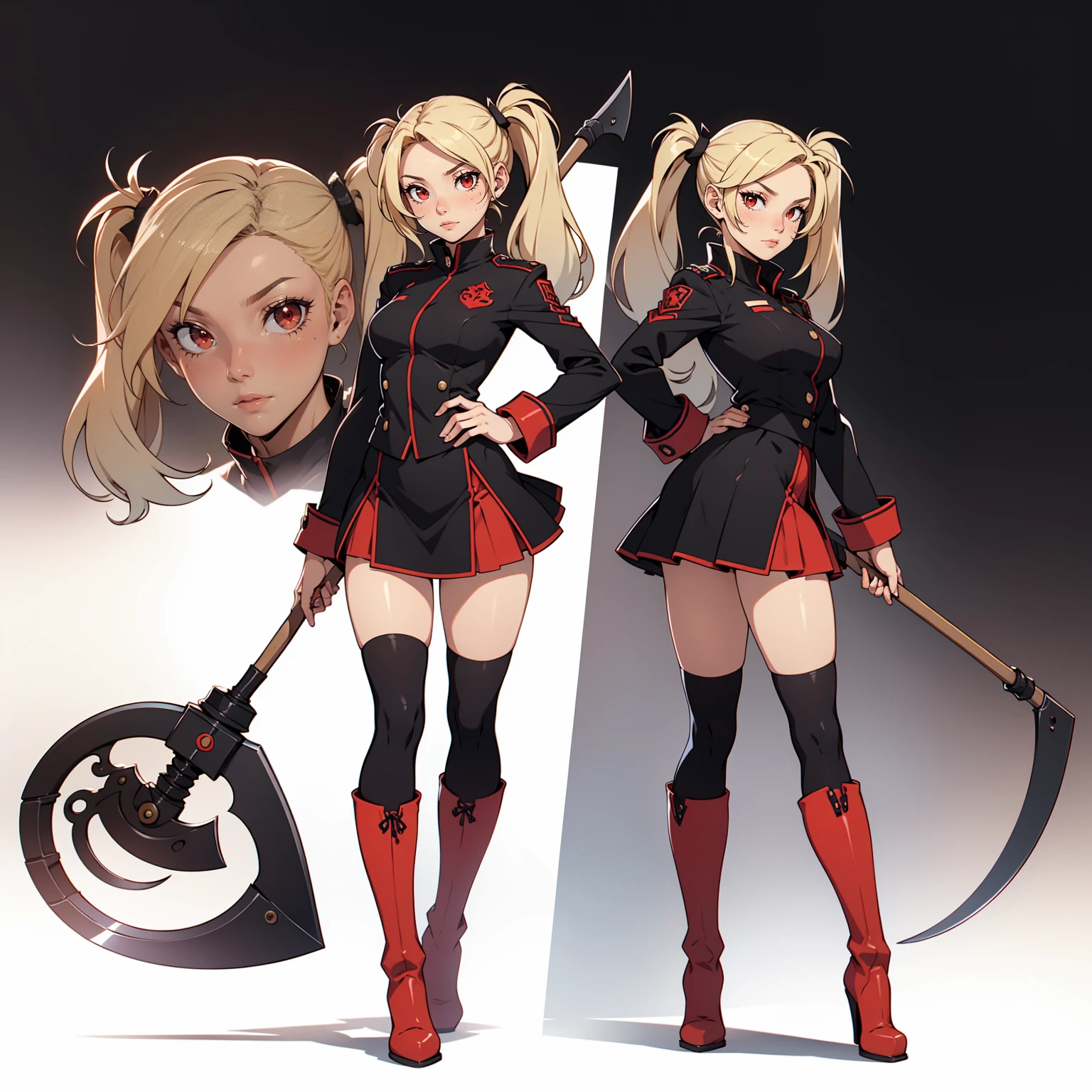 Very detailed, neutral facial expression, figure, full body view, blonde hair with twintails, red eyes, looking at viewer, black and red uniform, skirt, black boots, holding scythe pose.