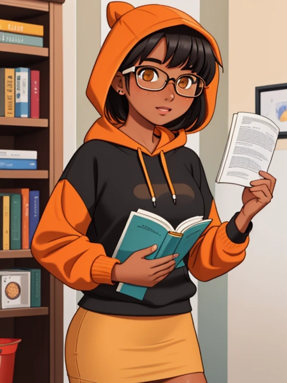 Masterpiece, 1girl, solo, 20 year old college student, she has tan-bronze skin with some freckles, short black hair with orange streaks, amber colored eyes, (she's wearing a yellow hoodie, tight black pencil skirt, reading glasses)
