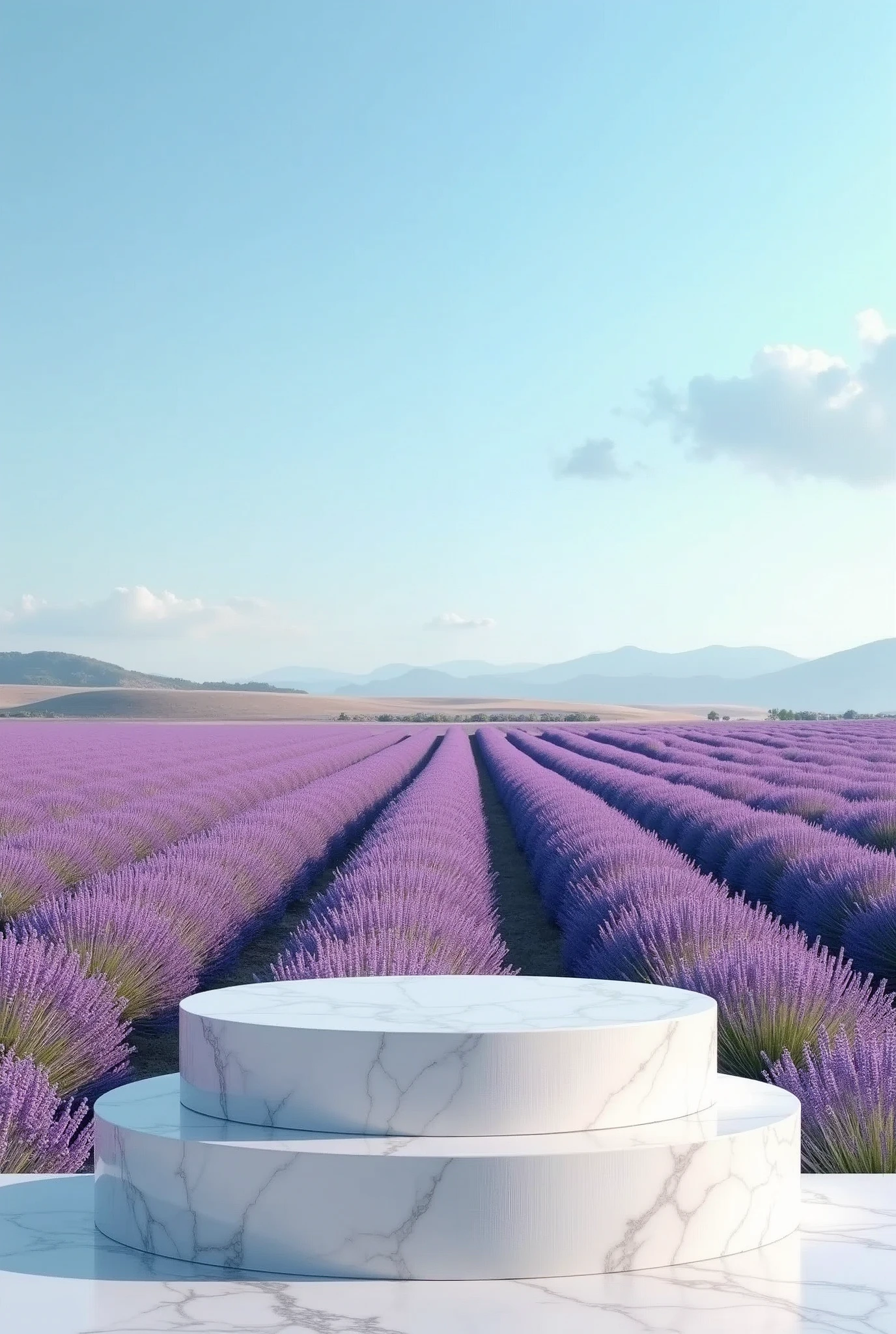 a marble short podium have half view of lavender field & half view of blue sky. the picture is 16:9 ratio