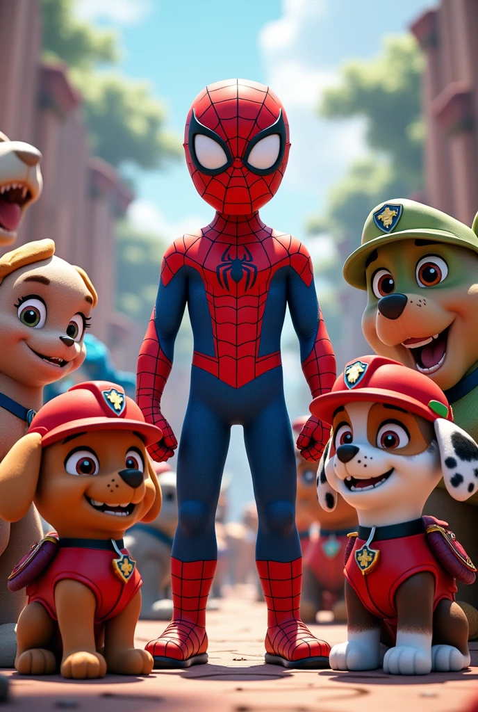 A party panel with Spider-Man, with the paw patrol team dressed as spiderman, The dinosaurs in the background watching 