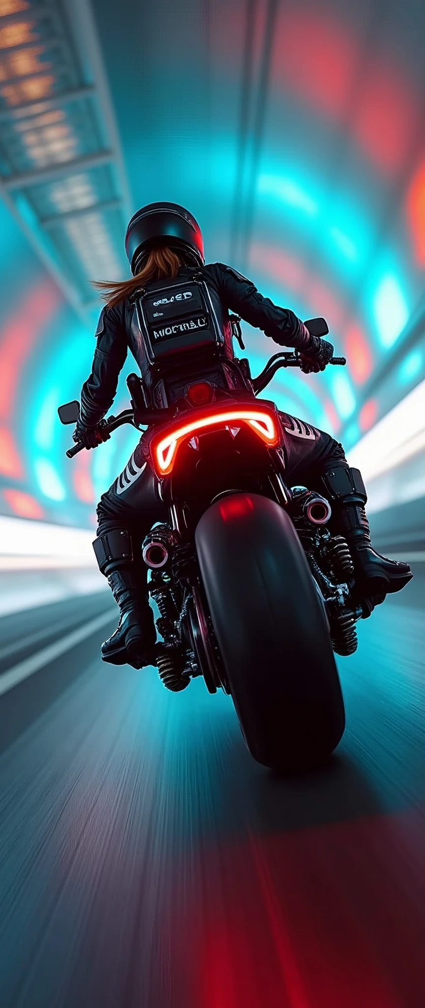 (masterpiece:1.2,Highest quality,Ultra-high resolution,Very detailed,Realistic,RAW Photos:1.2,Elaborate photos),8k,wallpaper,(Ray Tracing),(Future City:2.0),sf,cyber punk,(A woman driving a futuristic, heavily armed mech motorcycle of a SWAT team.:1.9),(A woman wearing a SWAT team's tactical mech bodysuit:2.0),(Dynamic angle from the rear of the aircraft),night,(Rainbow-colored guiding lights:2.0),(The aircraft hurtled through the tunnel's curve at breakneck speed.:2.0),(Tunnel of Light:2.0),(Motion Blur),(Depicting the lean of a motorcycle going around a curve:2.0)