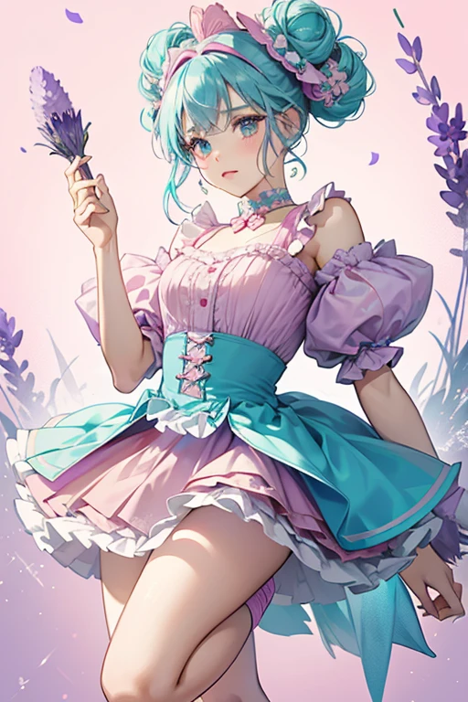 She wears lavender lipstick, pink blush, and pale pink eye-shadow. Her eyes are light blue and her teal hair is partially curled and worn loose with a pair of twisted buns and thick, right swept bangs dyed lavender to accent her streaks. She wears a pale pink headband with a puffy bow and stylized lavender and pale pink lock at the middle. Her outfit consists of a pale pink ruffled tank-top with lilac detail and a teal ribbon at the middle adorned by the lock ornament but with swapped colors, puffy teal sleeves worn beneath the shoulder, and a hot pink skirt with designs and a teal trim with a cone pattern. Over her skirt is a glittery purple lace layer. Her purple shoes with a cone texture on the foot and a diamond at the center, and the cuff is teal with a pale pink ornament at the middle. SPARKLE; GLITTER