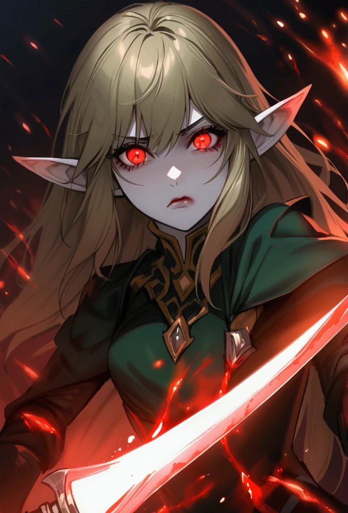 Young elven woman, pale skin, brown hair, glowing red eyes, black clothes, small, dark fantasy, long ears, bladedancer, pissed, holding a sword, fighting, blood staina