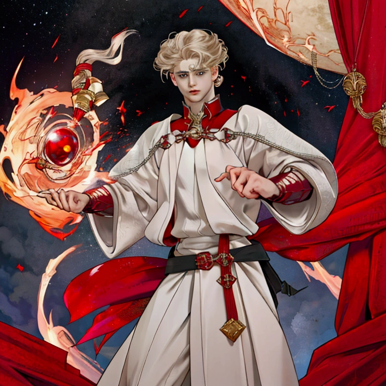A 19-year-old boy, arcane sorcerer doctor of chaotic magic. In attack position. His body is pale white, light gray eyes, short wavy blonde hair, muscular and tall and robust and toned. With scarlet energy around, and scarlet energy emanating from his hands.