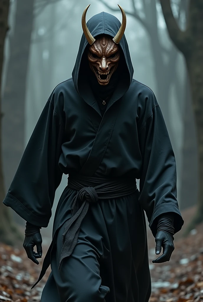 Ninja wearing a Japanese demon mask, mysterious, dressed in black, menacing but kind-looking