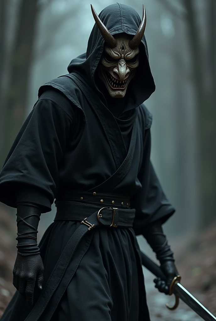 Ninja wearing a Japanese demon mask, mysterious, dressed in black, menacing but kind-looking