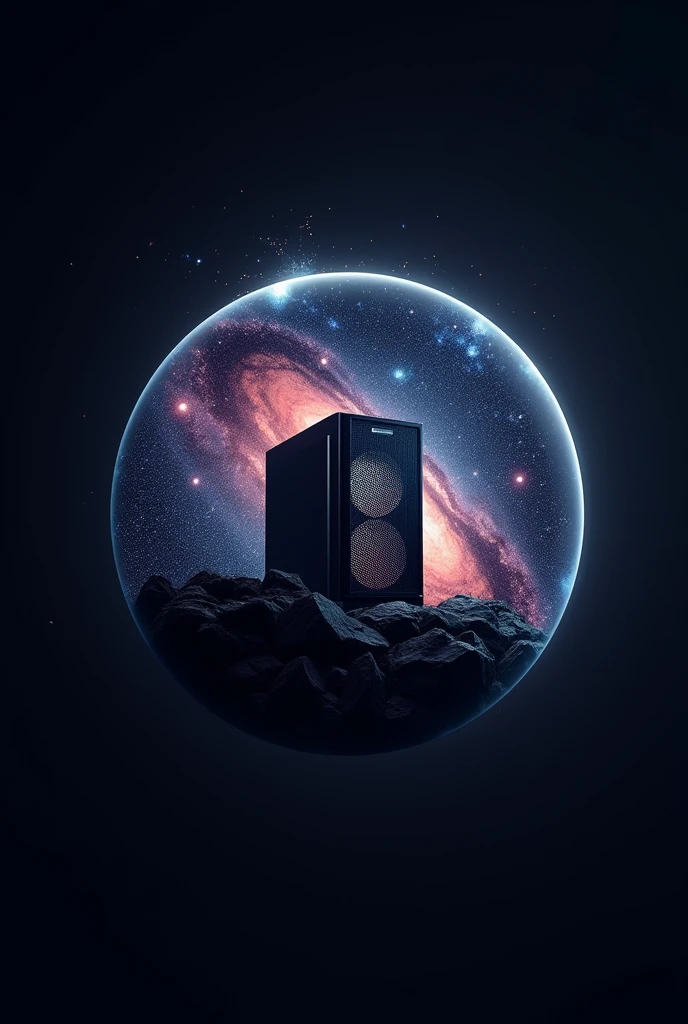 Logo of a black sphere with a universe inside and inside the universe a computer