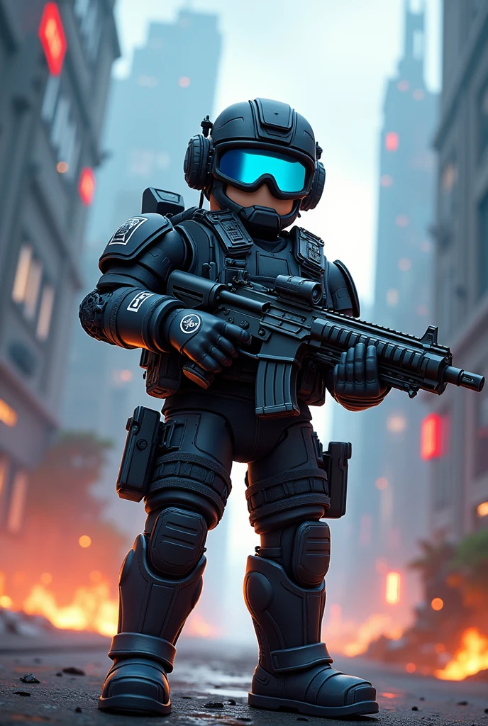 Epic shooter game cover for ROBLOX featuring large weapons, Luxurious military gear with a ROBLOX style