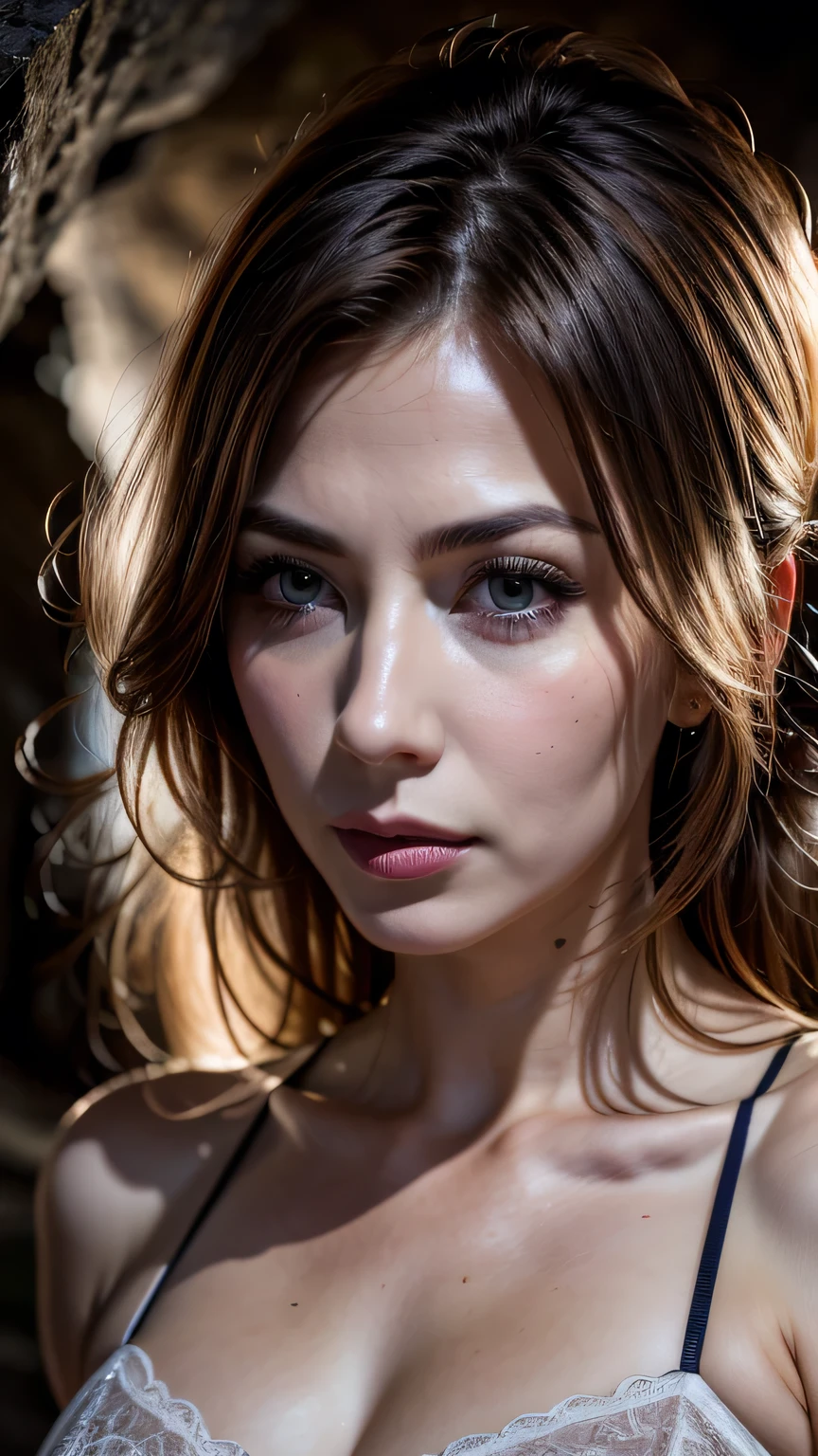 Very beautiful princess with bright eyes, 35 year old mature woman, Serious expression, rage, Ultra-realistic, Very detailed, Dynamic facial expressions, large natural breasts, Pastel purple garter set, Fine and beautiful eyes,Beautiful lip detail,Very detailed目と顔,Long eyelashes, Detailed face, masterpiece, 最high quality, high quality, High resolution, Portrait、sexy、In a dark cave
