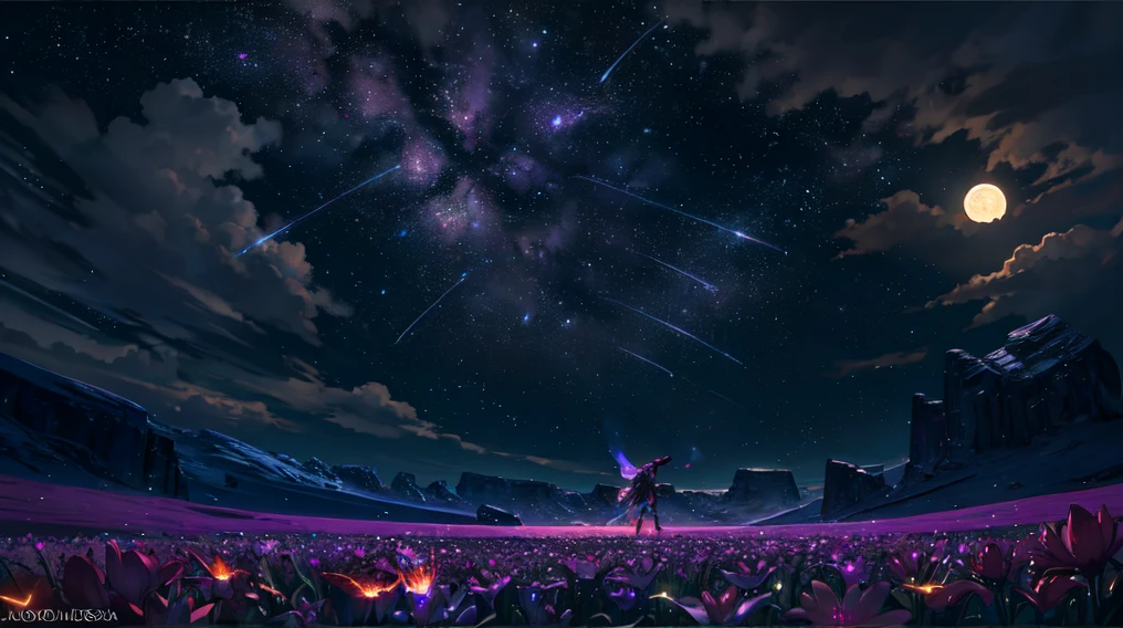 expansive landscape photograph , (a view from below that shows sky above and open field below), a girl standing on flower field looking up, (full moon:1.2), ( shooting stars:0.9), (nebula:1.3), distant mountain, tree BREAK
production art, (warm light source:1.2), (Firefly:1.2), lamp, lot of purple and orange, intricate details, volumetric lighting, realism BREAK
(masterpiece:1.2), (best quality), 4k, ultra-detailed, (dynamic composition:1.4), highly detailed, colorful details,( iridescent colors:1.2), (glowing lighting, atmospheric lighting), dreamy, magical, (solo:1.2)