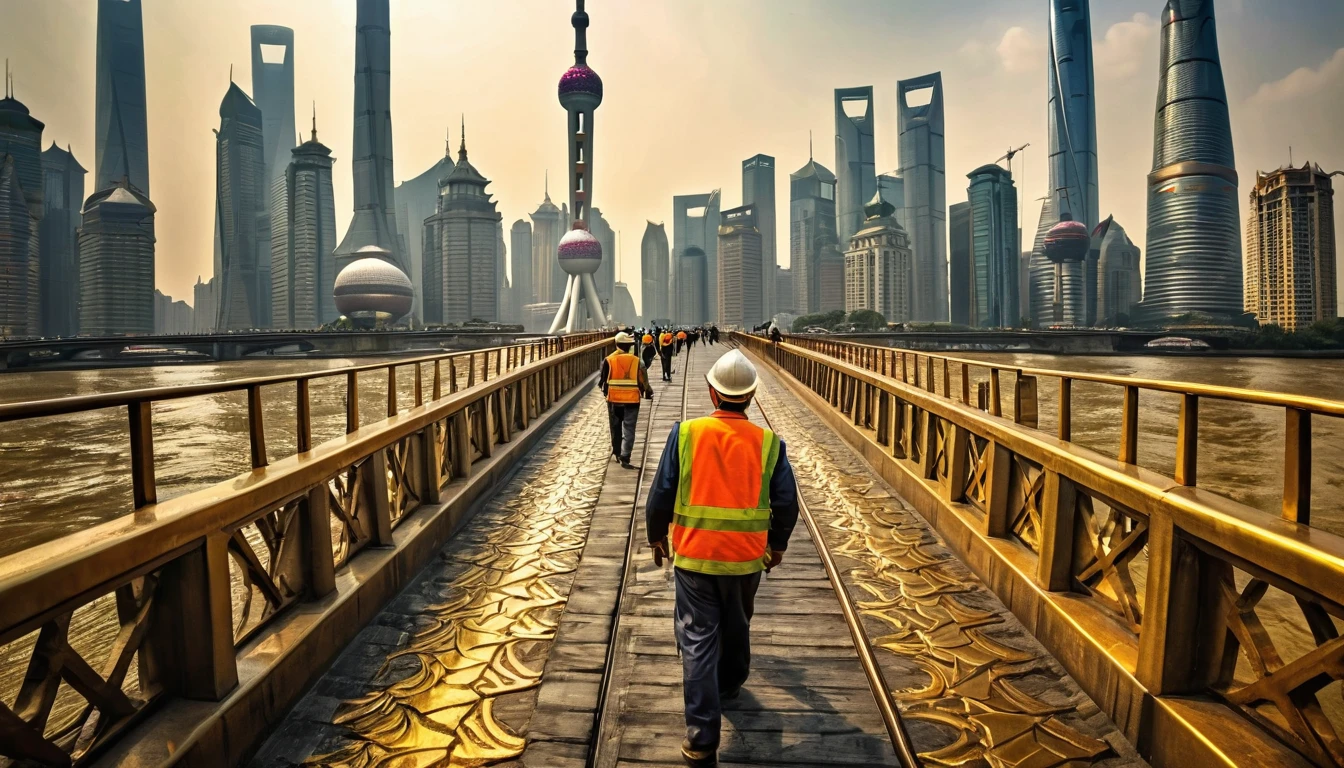 railway,Worker,bridge,City,Shanghai,Emboss effect,Gold relief,concavo-convex,undulating,Strong contrast,HD,8K