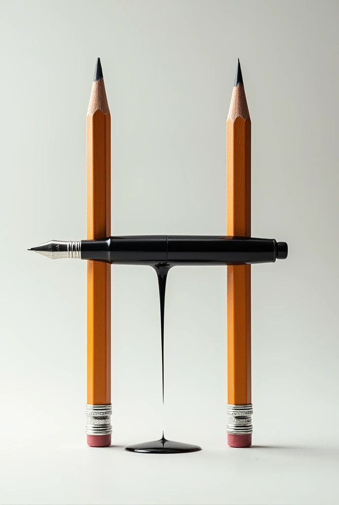The letter H formed by 2 pencils and a pen leaking the H
