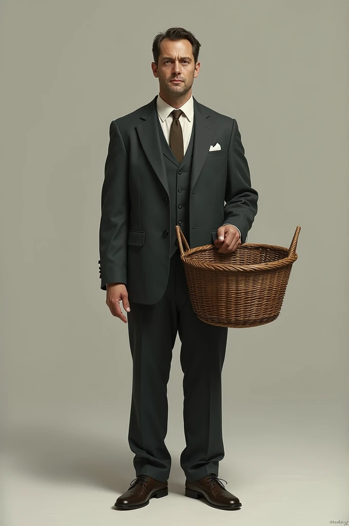 Full body of a bored man, dressed in a suit, holding a large basket