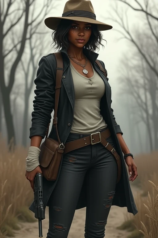 The Walking Dead Series, Female, 31, African American And Native American, Athletic Hourglass Body Type, Brown Honey Eyes, Light Freckles, Black Short Hair, Black Coat And Black Jeans, White Shirt Under Coat, Holstered Gun, Bandages On Her Arms, Combat Boots, Light Brown Hat, Dark Brown Satchel