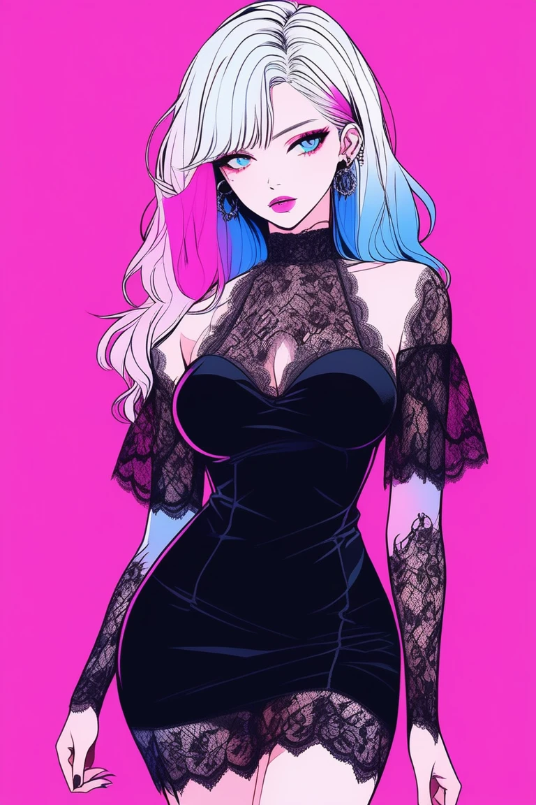 Illustrator, anime , Realistic ,sketch , 1 person, model, lip, A sheer gothic black mini dress with a lot of lace., order, Blue and pink gradient background, Neon Color Hair, Big Breasts, whole body, Sexy look, Sexy pose, Texture Trim, Russian, (masterpiece,Highest quality)
