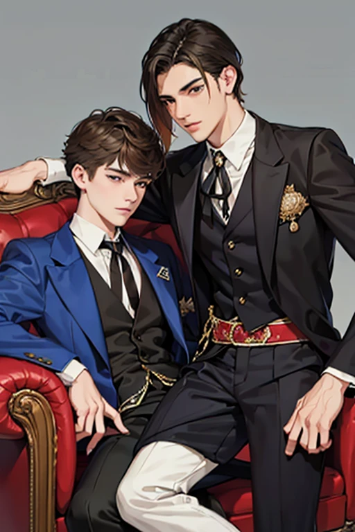 2 Young Men, 〜20yr old, detailed hairs, 4K, High resolution, Handsome, medium length hair, simple background, one sitting, one atanding, victorian style couch, cowboy shot