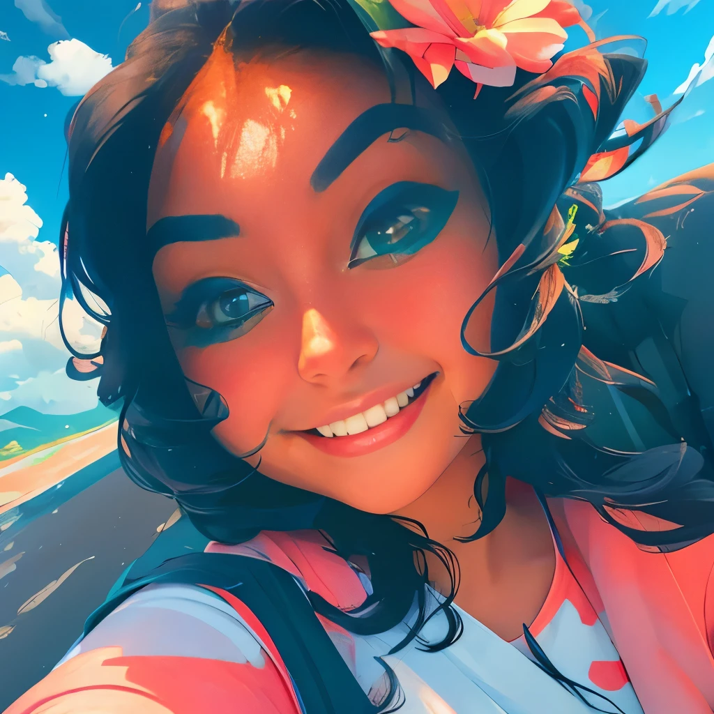 MKSKS, masterpiece, best quality, illustration, close up, straightforward, facial focus, smile, colorful, flowers, green sky, cloud sky, girl with beautiful eyes,
