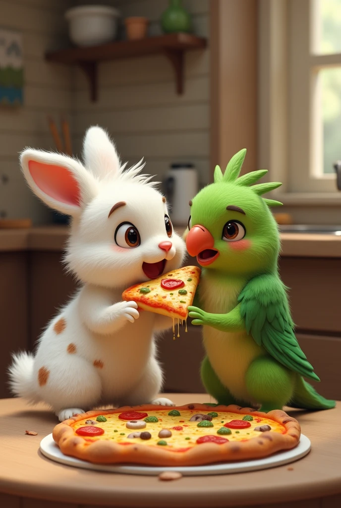 White rabbit with brown spots and green parrot eating pizza