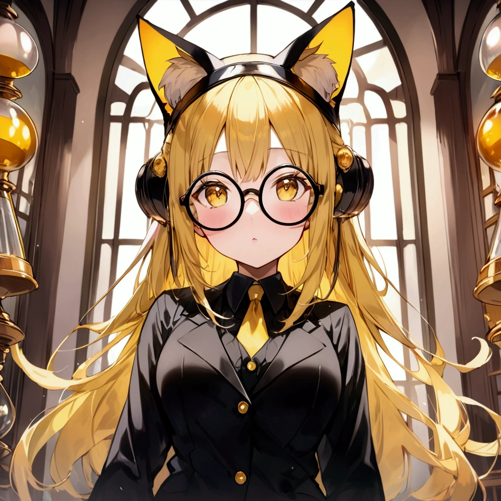 ((Masterpiece)) ((best quality)) ((ultra-detailed )) ((ultra sharp)) ((4k)).Anime girl with long  yellow and black highlights hair , yellow eyes with hourglass shaped build, wear glasses，black and yellow hair, ((((giant glasses, otaku glasses, round glasses)))), A pair of cat ears on the head