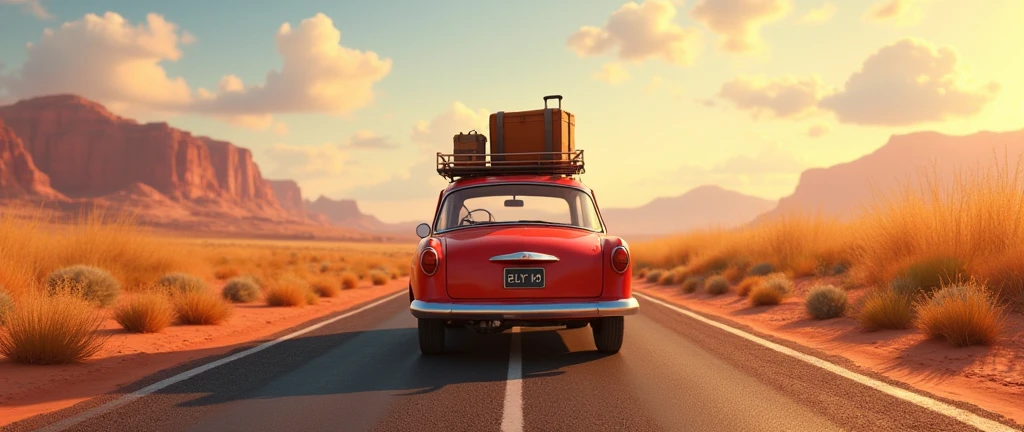 Car with luggage on a road, Gita, paisaje, car seen from behind, Pixar movie, 