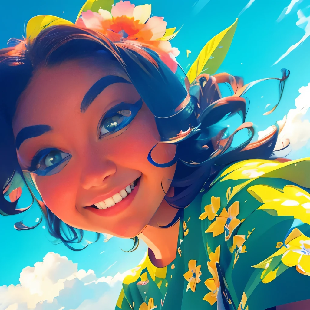 MKSKS, masterpiece, best quality, illustration, close up, straightforward, facial focus, smile, colorful, flowers, green sky, cloud sky, girl with beautiful eyes,