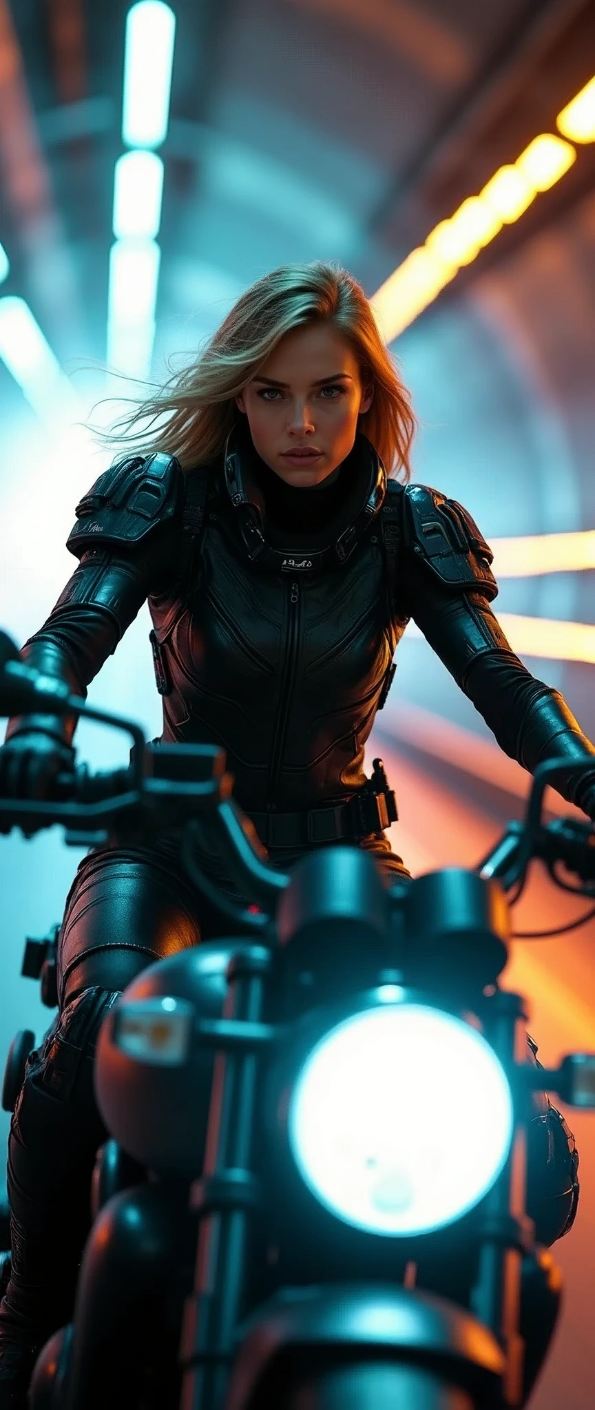 (masterpiece:1.2,Highest quality,Ultra-high resolution,Very detailed,Realistic,RAW Photos:1.2,Elaborate photos),8k,wallpaper,(Ray Tracing),(Future City:2.0),The world of science fiction movies,(cyber punk:2.0),(A beautiful woman driving a futuristic, heavy armored SWAT mecha motorcycle.:2.0),(Beautiful Face,Beautiful Eyes,Detailed face drawing,Detailed texture of the skin:1.3,Hair blowing in the wind),(Serious:2.0,sexy:2.0),(A woman wearing a SWAT team's tactical mech bodysuit:2.0),(A dynamic angle from the front),night,(Rainbow-colored guiding lights:2.0),(The aircraft hurtled through the tunnel's curve at breakneck speed.:2.0),(Tunnel of Light:2.0),(Motion Blur),(Depicting the lean of a motorcycle going around a curve:2.0)