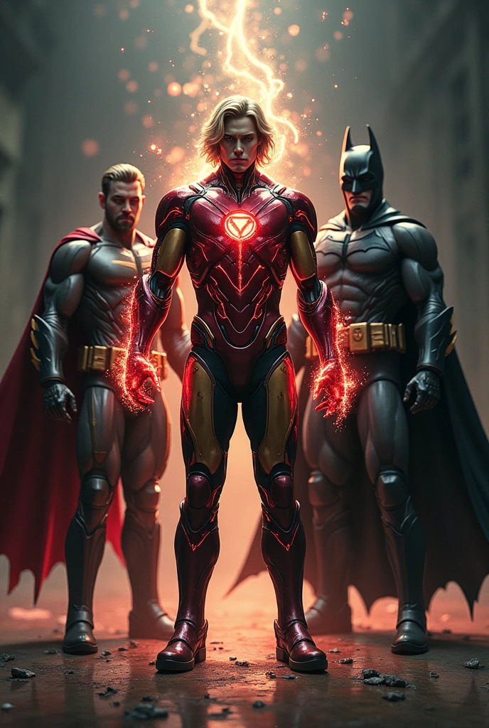 Make Ironman and Batman, and a blonde man with medium-length hair, wearing black pants and black boots, with demonic symbols on his body in red, who controls energy.