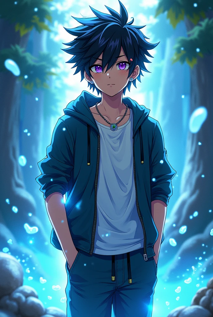 A teenage anime boy who's 5'8 and has a darkish tan with black hair and purple eyes wearing pants,a t-shirt and a jacket with two right ear piercing an a left ear piercing with aqua power