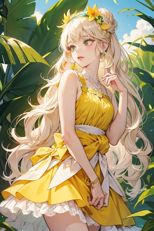 The first variation of Pineapple Lily has a light skin tone with natural pink lips, peach eye-shadow, and pale green eyes. She has long wavy platinum hair with blond highlights and her bangs are braided towards the left, and she wears a chartreuse headband decorated with slices of fruit, a whole pineapple, leaf, and flowers. She wears a yellow top resembling a pineapple with a pink pearl bracelet to match the bow wrapped around her waist, which has pale orange juice tails. Her hot pink skirt has a pointed, layered pale green leaf-like petticoat, and she wears yellow shows with pale pink dripping juice SPARKLE; GLITTER