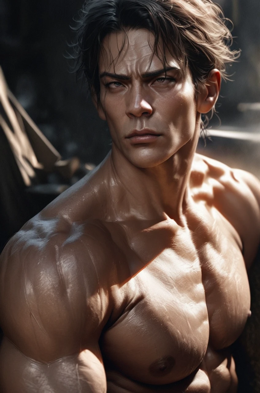 a muscular brazilian man, jujutsu kaisen, beautiful detailed eyes, beautiful detailed lips, extremely detailed eyes and face, longeyelashes, strong muscles, chiseled jawline, brooding expression, dark hair, shirtless, (best quality,4k,8k,highres,masterpiece:1.2),ultra-detailed,(realistic,photorealistic,photo-realistic:1.37),muscular male portrait, cinematic lighting, moody atmosphere, dramatic shadows, vivid colors, stunning details