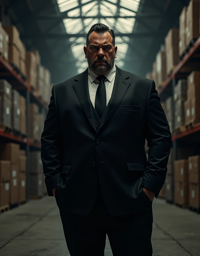 ((old caucasian man, 50s, short black slick back hair, triangular face, mean face, black eyes, piercing gaze, long nose, small mouth thin lips, clean shaven, endomorph body type in shape, tall)), (wearing a normal traditional black suit with a normal black tie), ((draw entire body down to feet), in a warehouse, (((American comic book style))), (((comic book drawing))), vignetting, Comics Americans , vanishing point, UHD, masterpiece, accurate, anatomically correct, textured skin, super detail, high details, high quality, award winning, best quality, highres