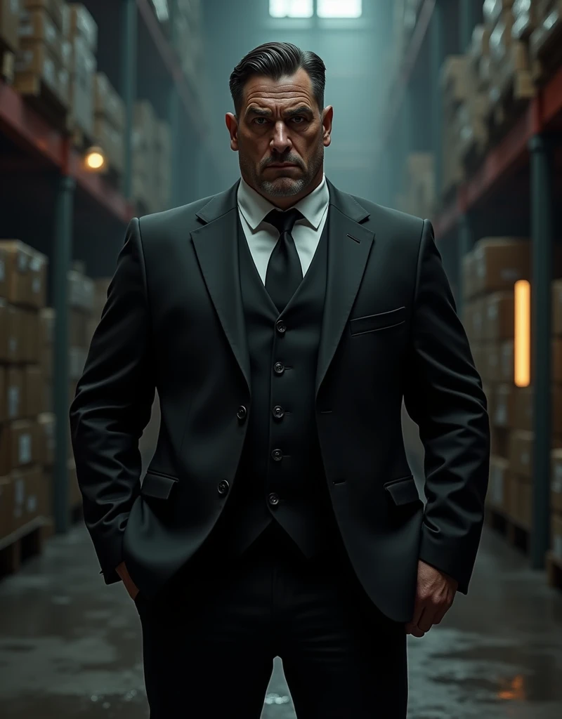 ((old caucasian man, 50s, short black slick back hair, triangular face, mean face, black eyes, piercing gaze, long nose, small mouth thin lips, clean shaven, endomorph body type in shape, tall)), (wearing a normal traditional black suit with a normal black tie), ((draw entire body down to feet), in a warehouse, (((American comic book style))), (((comic book drawing))), vignetting, Comics Americans , vanishing point, UHD, masterpiece, accurate, anatomically correct, textured skin, super detail, high details, high quality, award winning, best quality, highres