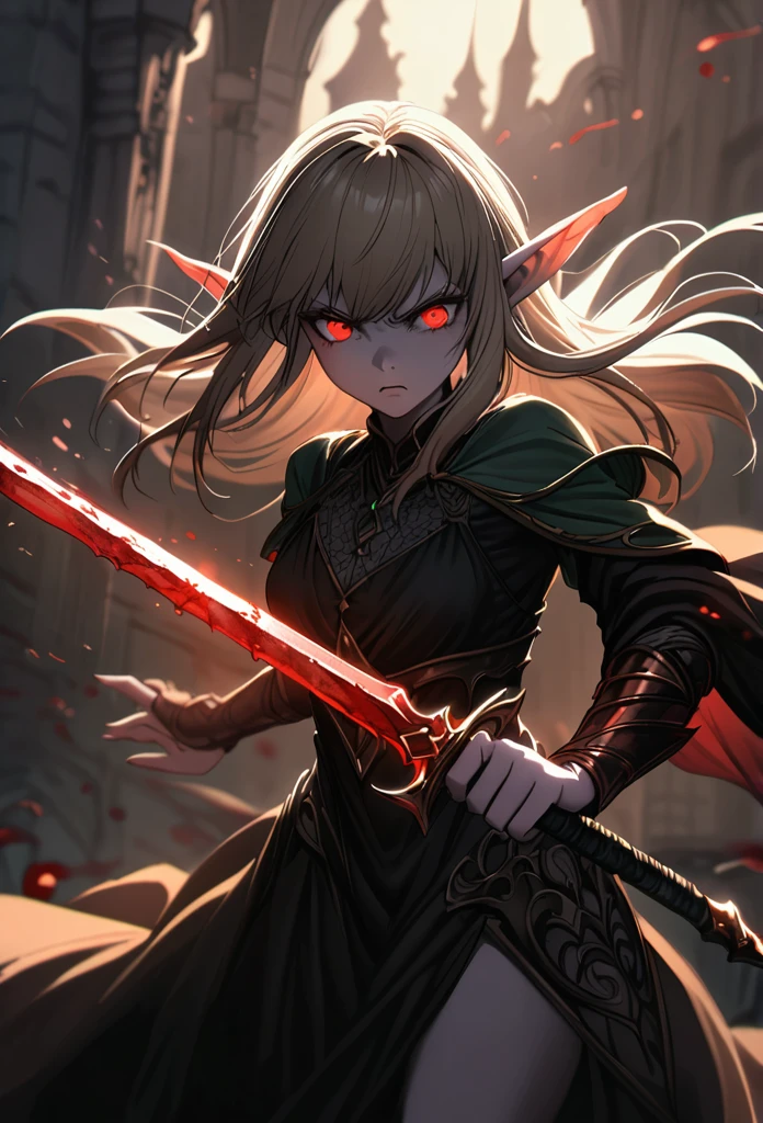 Young elven woman, pale skin, brown hair, glowing red eyes, black clothes, small, dark fantasy, long ears, bladedancer, pissed, holding a sword, fighting, blood stained