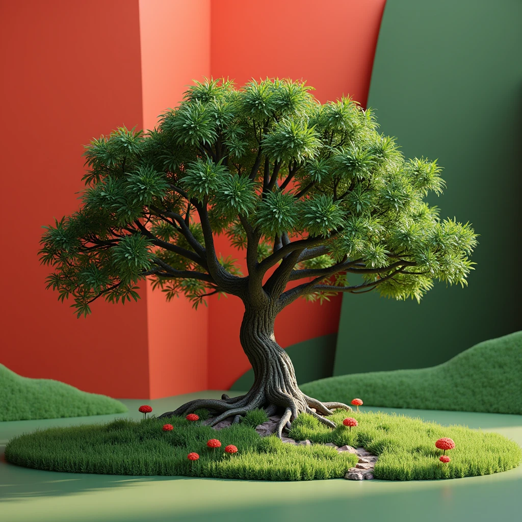 3d photo of tree. Which is situated in natural beautifull place. The background color is, red and green mixing color. The background color have to mixing red-green