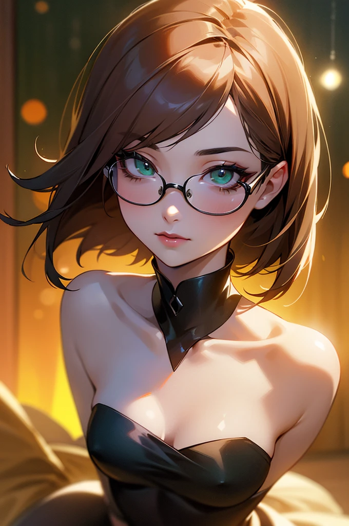 a 22 year old attractive pale student girl, wolf-cut hair, dark lipstick, perfect eyeliner, hourglass figure, small breasts, wearing a conservative dark colored dress, wears glasses, beautiful face, doe-eyes, brown hair, green eyes, miniature nose, soft lighting, high quality, 8k, ultra-detailed, realistic, photorealistic, physically-based rendering, extreme detail, professional, vivid colors, bokeh, portrait
