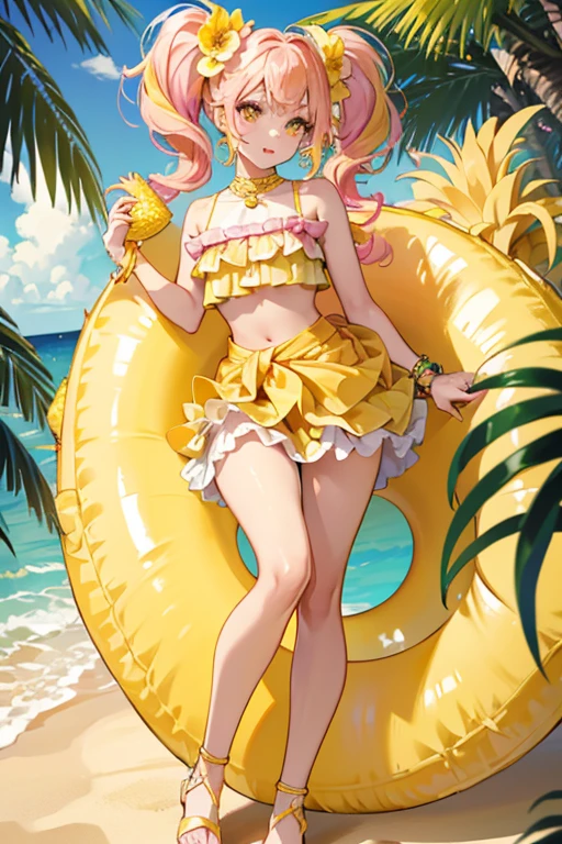 Pineapple Lily's skin is tanned with pale pink lips and eye-shadow. She wears her blonde, goldenrod, orange, and hot pink striped hair in straightened twin-tails that curve inward. Her bangs are slightly curled and she wears yellow pineapple sunglasses. Her outfit is composed of a chartreuse and yellow top with a layered skirt resembling the skin of a pineapple. On the chest is a pink bow with dripping orange tails and yellow middle, and around her waist is a yellow and hot pink inflatable ring. Her pale green sandals with gold straps and a leaf anklet with a hot pink flower on the corner. SPARKLE; GLITTER