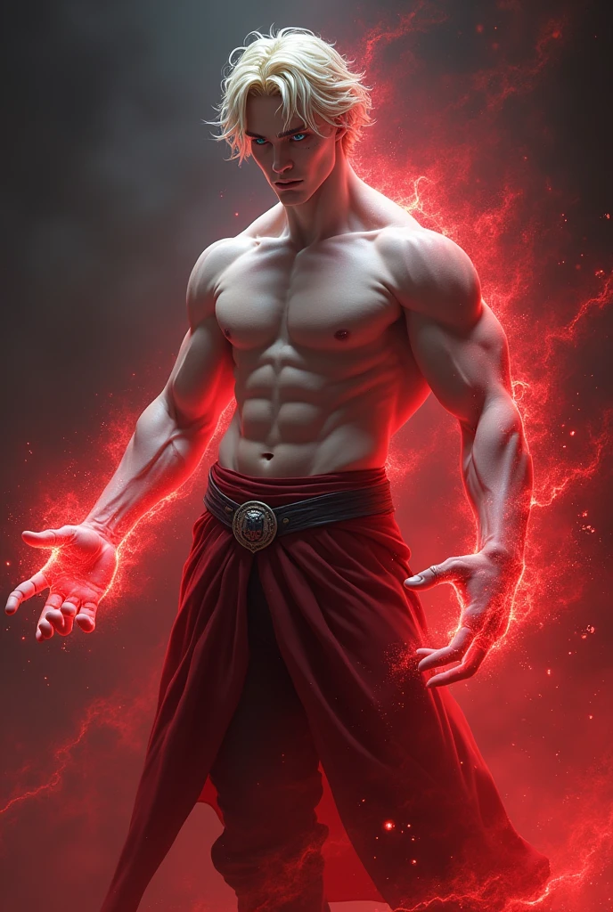 A 19-year-old boy, arcane sorcerer doctor of chaotic magic. In attack position. His body is pale white, light gray eyes, short wavy blonde hair, muscular and tall and robust and toned. With scarlet energy around, and scarlet energy emanating from his hands.