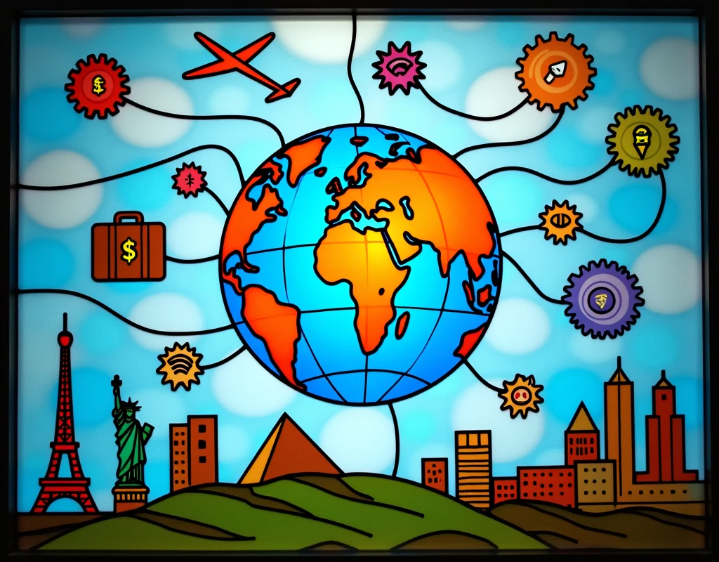 Stained glass concept. A small globe in the center , connect countries with white lines. Surround globe by floating separate objects: (1 plane ), (3 connected gears) ,( 2 suitcase ), (money (dollar,peso,euro,yen) ), (wifi symbol), (socialmedia apps), news, music , food . At the bottome are the eiffel tower , statue of liberty , pyramid , and buildings and structures.