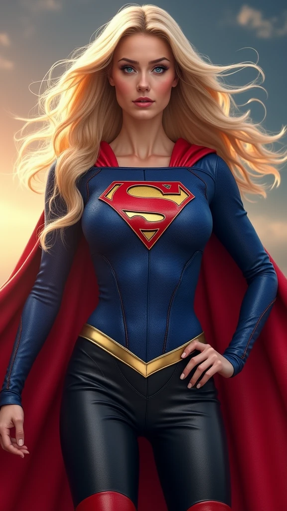 A beautiful woman with long blonde hair wearing the costume of Kryptonian Kara Zor-El aka Supergirl. Blue and red leather jacket, red corset with Superman emblem on her chest, black leather pants, red knee-high boots.