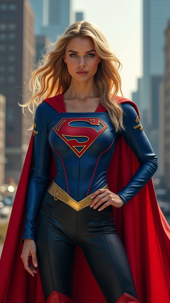 A beautiful woman with long blonde hair wearing the costume of Kryptonian Kara Zor-El aka Supergirl. Blue and red leather jacket, red corset with Superman emblem on her chest, black leather pants, red knee-high boots.