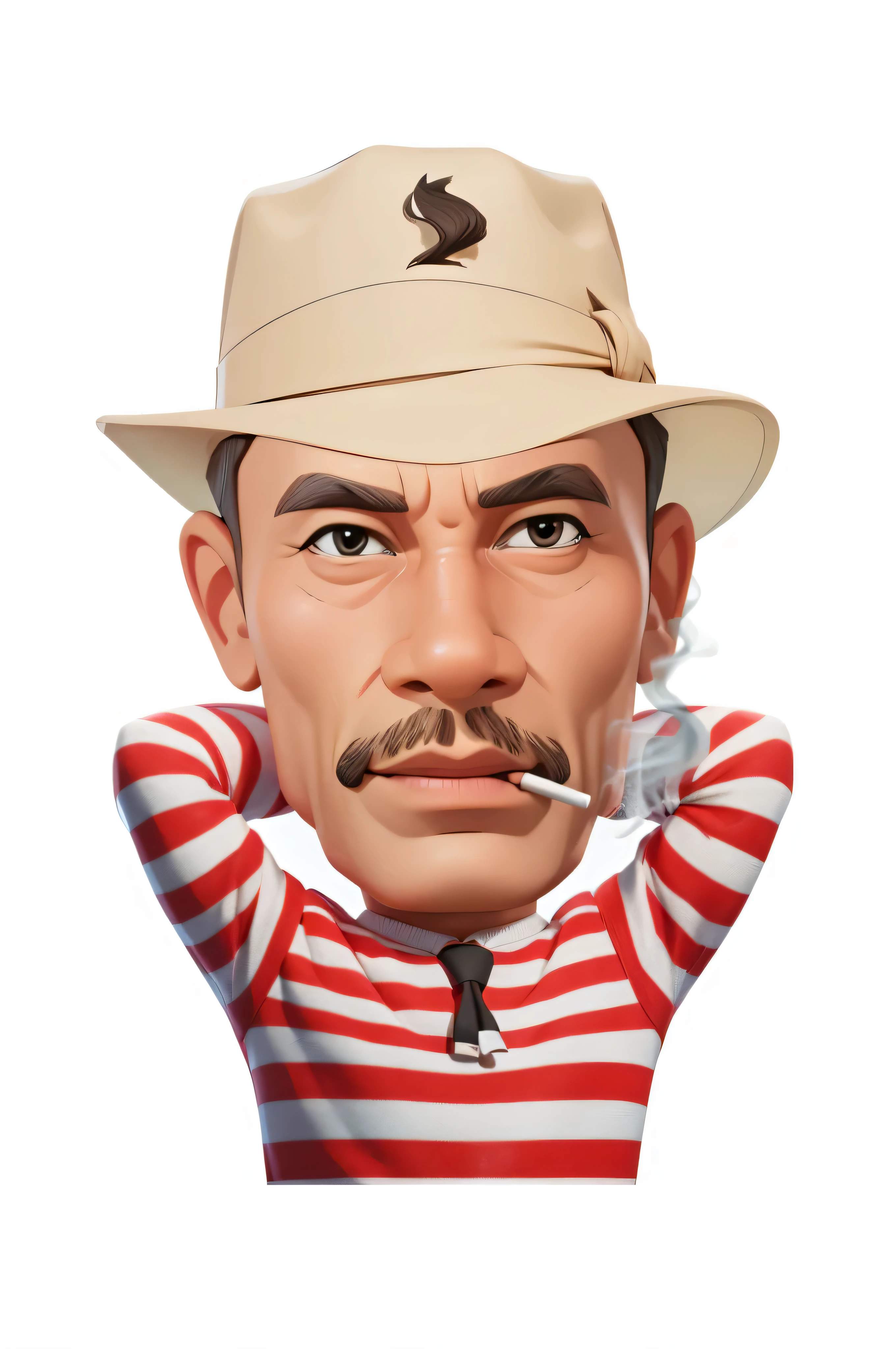cartoon Caricature 3d of a man with a hat, Smoking and relaxing, HDR plus, full ultra HD detail. Portrait, realistic cartoon, cartoon art, Indonesian