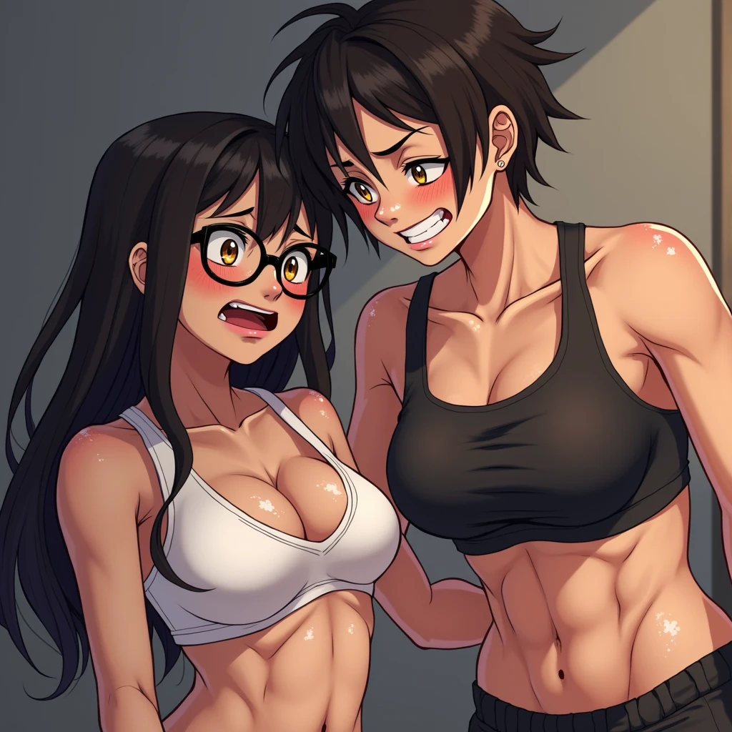 Anime Female bully athletic tomboy with short hair wearing a crop top, sweating all over profusely, and grinning down at a terrified  girl fully dressed and wearing glasses and long hair while straddling on top of her and showing off her exposed stomach and shoulders and arms and legs, bra and sports shorts and smiling devilishly with her golden eyes and drooling heavily